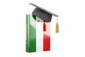 Italian language textbook with graduation cap. Learn Italian language, classes. 3D rendering