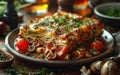 Italian lasagna with minced meat mushrooms and cheese on plate Royalty Free Stock Photo