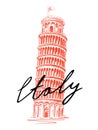 Italian Leaning Tower of Pisa sketch. Italy landmark. Vintage vector illustration