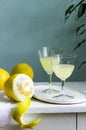 Italian liqueur limoncello in crystal glasses and ripe lemons on a wooden table. Royalty Free Stock Photo