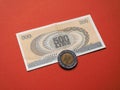 Italian 500 Lire note and coin