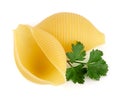 Italian lumaconi with leaf parsley isolated on white background. Lumache, snailshell shaped pasta Royalty Free Stock Photo