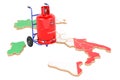 Italian map with propane gas cylinder on hand truck. Gas Delivery Service in Italy, concept. 3D rendering