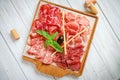 Italian meat antipasti set on wooden surfaces