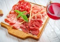 Italian meat antipasti set on wooden surfaces