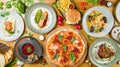 Italian meat pizza, salmon steak with avocado, spaghetti with shrimps and mussels, burger with meat, pork reabs bbq, borsht