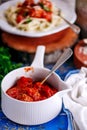 Italian meatballs in tomato sauce with pasta..style rustic Royalty Free Stock Photo