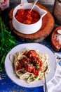 Italian meatballs in tomato sauce with pasta..style rustic Royalty Free Stock Photo