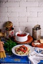 Italian meatballs in tomato sauce with pasta..style rustic Royalty Free Stock Photo