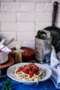 Italian meatballs in tomato sauce with pasta..style rustic Royalty Free Stock Photo