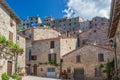 Italian medieval village details, historical stone square, old city stone buildings architecture. Santa Fiora, Tuscany, Italy