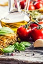 Italian and Mediterranean food ingredients on old wooden background. Royalty Free Stock Photo