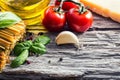 Italian and Mediterranean food ingredients on old wooden background. Royalty Free Stock Photo