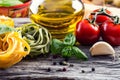 Italian and Mediterranean food ingredients on old wooden background. Royalty Free Stock Photo