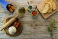 Italian mediterranean food ingredients with pizza, oil, roasted bread and suppli Royalty Free Stock Photo