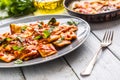 Italian or mediterranean food pasta ravioli of tomato sauce. Royalty Free Stock Photo