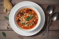 Italian Minestrone Soup. Vegetarian soup with vegetables, beans and pasta with basil. View from above Royalty Free Stock Photo