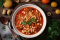 Italian Minestrone Soup. Vegetarian soup with vegetables, beans and pasta with basil. View from above Royalty Free Stock Photo