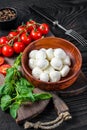 Italian mini Mozzarella cheese balls, basil and tomato cherry ready for cooking Caprese salad. Black wooden background Royalty Free Stock Photo