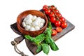 Italian mini Mozzarella cheese balls, basil and tomato cherry ready for cooking Caprese salad. Isolated on white Royalty Free Stock Photo