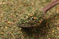 Italian mixed herbs Seasoning in rustic wooden Spoon, rosemary, basil, chili, thyme Royalty Free Stock Photo