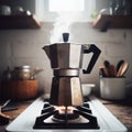 italian mocha coffee maker over stove smoking steam and aroma as coffee is ready in the morning