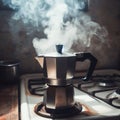 italian mocha coffee maker over stove smoking steam and aroma as coffee is ready in the morning