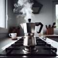 italian mocha coffee maker over stove smoking steam and aroma as coffee is ready in the morning