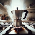 italian mocha coffee maker over stove smoking steam and aroma as coffee is ready in the morning