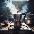 italian mocha coffee maker over stove smoking steam and aroma as coffee is ready in the morning