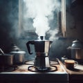 italian mocha coffee maker over stove smoking steam and aroma as coffee is ready in the morning