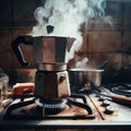 italian mocha coffee maker over stove smoking steam and aroma as coffee is ready in the morning