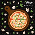 Italian mushroom pizza with champignons, cheese, ketchup and basil on a cutting board on a black background. Vector