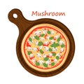 Italian mushroom pizza with champignons, cheese, ketchup and basil on a cutting board on a white background.