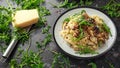Italian Mushroom risotto with parmesan cheese and wild rocket on top. Royalty Free Stock Photo