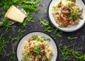 Italian Mushroom risotto with parmesan cheese and wild rocket on top. Royalty Free Stock Photo