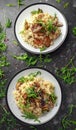 Italian Mushroom risotto with parmesan cheese and wild rocket on top. Royalty Free Stock Photo