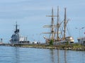 Italian navy ships in La Spezia port. Including the training vessel Palinuro, tall ship.