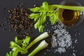 Italian oil dip with celery, oil, salt and pepper