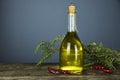 Italian olive oil in bottles with aromatic herbs Royalty Free Stock Photo