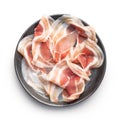 Italian panchetta piancetina. Sliced smoked bacon on plate isolated on white background Royalty Free Stock Photo