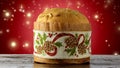 Italian panettone over decorated christmas table, red background with glowing lights particles, falling stars