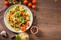 Italian pappardelle pasta with spinach on plate