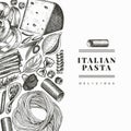 Italian pasta with additions design template. Hand drawn vector food illustration. Engraved style. Vintage pasta different kinds Royalty Free Stock Photo