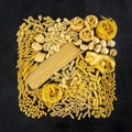 Italian pasta assortment, a square flat lay of many different pasta types