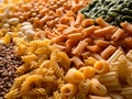 Italian pasta in assortments, spaghetti, macaroni close-up . Generative Ai Royalty Free Stock Photo