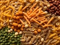 Italian pasta in assortments, spaghetti, macaroni close-up, . Generative Ai Royalty Free Stock Photo