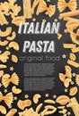 Italian Pasta Background. Farfalle, Conchiglie, Linguine, Maccheroni, Penne, Rigate