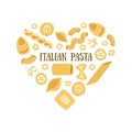 Italian Pasta Banner Template with Different Types of Traditional Pasta in Heart Shape, Can Be Used for Card, Menu Royalty Free Stock Photo