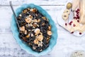 Italian Pasta is black with mussels and shrimps. Parmesan, Seafood, various snacks for dinner. Bright dishes and white background Royalty Free Stock Photo